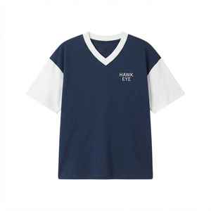 Hawk Eye Women's Navy Blue <b>V</b>-<b>Neck</b> Short Sleeve <b>T</b>-<b>Shirt</b> Color Blocking Logo Casual Loose Fit 100% Cotton Jersey Top - Product Image 6