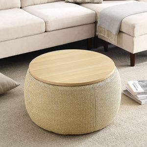 Pouf Rotondo Multifunzione 2 in 1 Naturale (64,77x64,77x36,76 cm) - Utilizzabile Come Tavolino e Pouf - Product Image 1