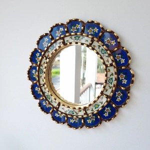 Decorative Blue Floral Shape Edge Round Mirror With Glass Panel <b>Frame</b> Ideal For Home Styling And Festive Gifting Use From India - Product Image 1