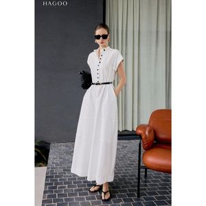 Vestido Maxi de Verano de Color Liso con Cuello Mandarín y Dobladillo Acampanado, Manga Corta, Botones Delanteros, Corte A, Tejido, para Oficina y Vacaciones [V9072] - Product Image 1