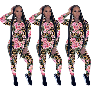 Mono de manga larga con estampado floral de leopardo para mujer, cintura alta, ajuste ceñido, cuello redondo, largo completo, elástico, estilo urbano - Product Image 5