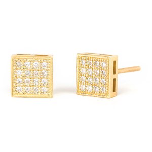 Wholesale 14K Solid Gold <b>Square</b> Pave Diamond Stud Earrings, Real Natural Round Cut Diamond Micro-<b>Set</b> Piercing, 18K Gold Fine Jew - Product Image 2