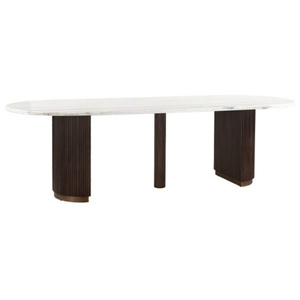 Table à manger ovale moderne avec plateau en marbre et pieds en bois pour l'ameublement de la maison - Product Image 4