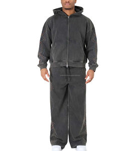 Ensemble de survêtement de jogging streetwear d'hiver de haute qualité pour homme, uni, délavé à l'acide, avec pantalon évasé en molleton 100% coton respirant - Product Image 1