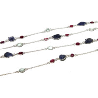 Collier Bohème en Tanzanite Naturelle, Rubis et Aigue-marine, en Argent Sterling 925, Longueur 46 Pouces, Fait Main, Certifié par un tiers
