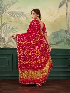 Bollywood Style Bridal <b>Red</b> Pure Gajji Silk Bandhani <b>Saree</b> with Handmade Gota Patti & Zari Work - Product Image 5