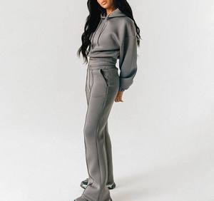 Custom Logo Casual Jogging Women Suit Blank Oversized Cropped Hoodie and Wide Leg Flare Jogger Sweat Pant 2 Piece Women <b>Set</b> - Product Image 4