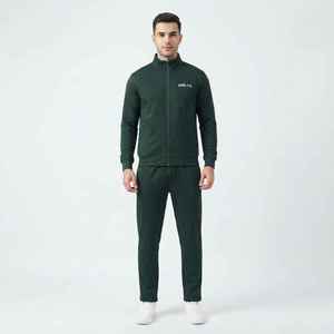 Conjunto Deportivo de 2 Piezas para Hombre, Color Verde Oscuro, Cierre Completo, Corte Regular, Color Sólido, Ropa Deportiva Informal para Otoño, 100% Algodón Transpirable - Product Image 1