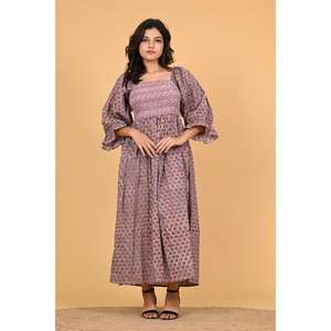 Robe maxi en coton indien à imprimé floral pour femmes, robe de soirée d'été à manches longues smockées, robe longue faite à la main - Product Image 1