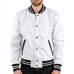 College Baseball Leather Varsity <b>Jacket</b> <b>Men</b> <b>White</b> PU Leather Varsity <b>Jackets</b> <b>Men's</b> Breathable Crew Neck Leather <b>Jacket</b> <b>Mens</b> - Product Image 1