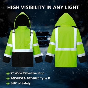 Men's High Visibility Hooded Winter Work <b>Jacket</b> Reflective Striped <b>Waterproof</b> Puffer Coat <b>Long</b> Sleeve With Pockets - Product Image 2