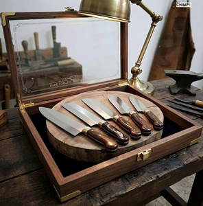 Juego de Cuchillos de Chef Hechos a Mano de Acero Inoxidable con Mangos de Madera Oscura y Funda de Cuero, Juego de Cinco Cuchillos para Camping y Supervivencia - A&M Enterprises - Product Image 6
