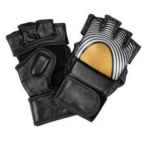 Mma <b>Gloves</b> Leather Half Finger Velcro Closure Black <b>Silver</b> Gold Striped Design For Martial Arts Adults - Product Image 3