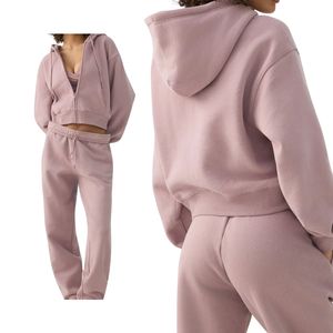 Ensemble 2 pièces à capuche pour femme, avec poches zippées, couleurs unies, en molleton de coton, coupe décontractée ample, longueur intégrale, idéal pour l'hiver – Vente chaude - Product Image 1