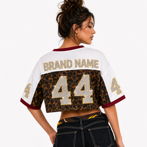Luxury Elegant Oversized Custom Leopard Camo Print American Football Jersey Women <b>Rhinestone</b> Bling Crop <b>Top</b> <b>Mesh</b> Sublimated Tee - Product Image 3