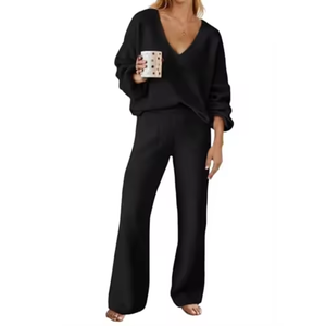 Conjunto de Suéter Tejido con Cuello en V para Mujer, Manga Larga, Color Sólido, Top y Pantalones de Punto para Otoño, Conjunto de 2 Piezas - Product Image 2