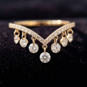 Round Cut Lab Grown <b>Diamond</b> Engagement <b>Ring</b> Chevron Wishbone Design with Dangling Drop Stones Yellow Gold Luxury Style - Product Image 1