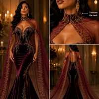 Robe de soirée longue asymétrique sans manches en velours bordeaux brodé, col en V, avec soutien-gorge intégré, style moderne et luxueux pour l'hiver