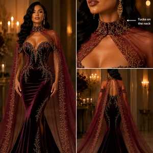 Luxury Modern Burgundy Velvet Embroidered Winter Floor-Length V-neck Asymmetrical Sleeveless Evening Gown Designer Cape Dupatta - Product Image 4