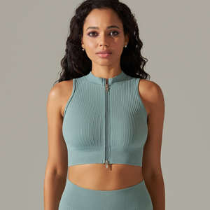 Ensemble 5 pièces de vêtements de sport sans coutures pour hommes : soutien-gorge de sport personnalisé, crop top, veste zippée, short taille haute, leggings, tenue d'entraînement personnalisable à l'avant - Product Image 2