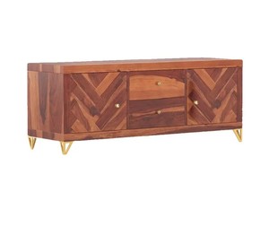 Modern Chevron Pattern Solid Wood <b>TV</b> Unit with Gold Metal Legs | Herringbone Media Console | Jodhpur Export - Product Image 2