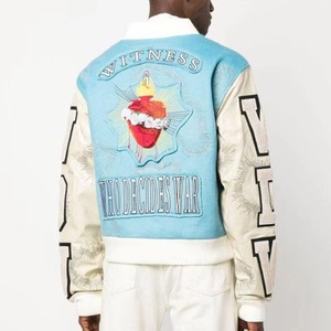 <b>Men</b> Varsity Leather <b>Jacket</b> Light Blue <b>White</b> Embroidered Stained Glass Pattern Letter Print Streetwear Autumn Style - Product Image 2