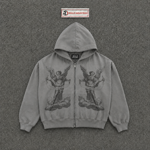 Sweat-shirt à capuche graphique Grey Angel, imprimé chérubin ailé gothique vintage, coupe oversize, streetwear unisexe, effet délavé - Product Image 5