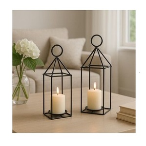 Ensemble de lanternes à bougies géométriques noires en fil de fer, porte-bougie minimaliste en fer avec poignée annulaire, centre de table architectural - Product Image 3