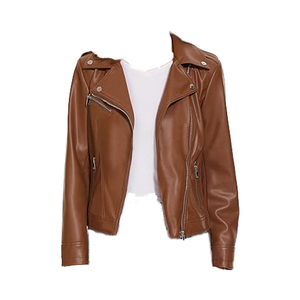 Chaqueta de Moto de Cuero PU para Mujer, Manga Larga, Cierre de Cremallera, Color Sólido, Estilo Otoñal, Cuello Camisero, Largo Regular - Product Image 1
