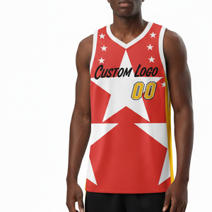 Maillot de basket-ball personnalisé sublimé pour homme, sans manches, motif étoile rouge et blanc, col en V, respirant, en polyester, vêtements de sport - Product Image 5