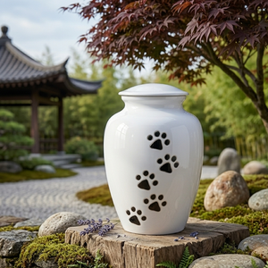 White Pet Cremation <b>Urn</b> With Black Paw Prints Design For Dog <b>Cat</b> Memorial - Product Image 2