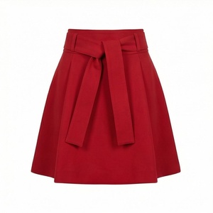 Women High Waist A-Line <b>Mini</b> <b>Skirt</b> With Belt Solid Color Woven Fabric <b>Red</b> - Product Image 1