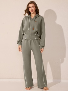 OEM Factory Custom Women High Waisted <b>Zip</b> Up Hooded <b>Sweatshirt</b> Jogger Pants Two Piece Sportswear Set - Product Image 1