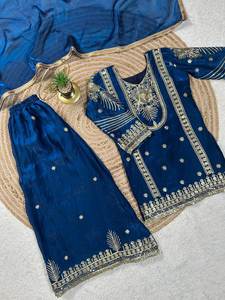 Ensemble Salwar Kameez en soie brodée bleue pour filles, vêtements ethniques pour enfants, costume Sharara, dupatta, tenue de fête, robe indienne pakistanaise - Product Image 3