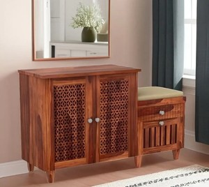 Solid Wood Shoe Cabinet with Bench | 2-in-1 Fretwork Door Shoe Rack and Upholstered Seat | Wholesale Entryway Furniture - Product Image 1