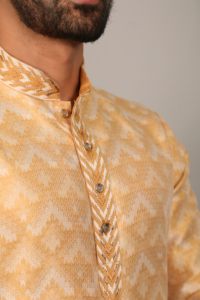Kurta Tradicional de Algodón para Hombre, Corte Regular, Color Naranja con Patrón Blanco, Ropa Casual Estilo India-Pakistán, para Todas las Temporadas - Product Image 3
