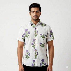 Chemise décontractée pour homme 100 % coton à manches courtes, imprimé floral, col rabattu, respirante, séchage rapide, écologique, tissée ODM pour l'été - Product Image 2