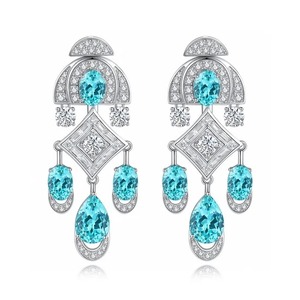 Boucles d'oreilles de luxe géométriques en forme de lustre avec strass en cristal bleu, en argent 925 plaqué rhodium, bijoux de soirée pour femme - Product Image 2