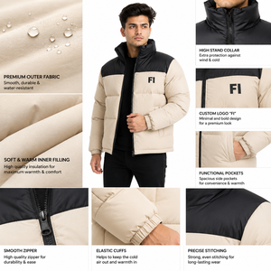 Men’s Warm Puffer Style <b>Jacket</b> Color Block Quilted Full Zip Men's <b>Jackets</b> Winter Outerwear High Collar Warm Outdoor Coat OEM USA - Product Image 5