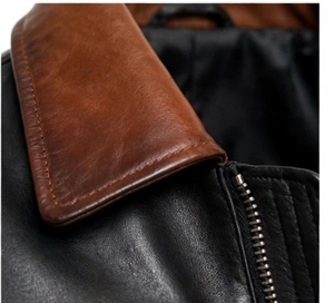 Veste en cuir pour homme, couleur contrastée, marron et noir, col rabattu, fermeture éclair - Product Image 4