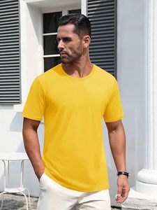 T-shirt en coton jaune pour homme, manches courtes, col rond, coupe classique, couleur unie, jersey décontracté, tricoté, teint uni - Product Image 3