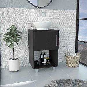 Meuble-lavabo noir simple pour salle de bain avec étagère ouverte et armoire à une seule porte - Product Image 2