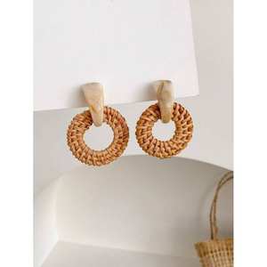 <b>Top</b> Trending Lightweight Bohemian Geometric Design Eco-Friendly Vietnam Rattan Hoop <b>Earrings</b> for Ladies' Summer Style - Product Image 1