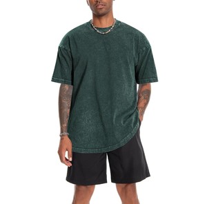 Nouveau T-shirt Homme Oversize Vert Délavé à l'Acide Coupe Longue Manches Courtes Col Rond Uni Style Urbain 100% Coton 2026 ODM OEM - Product Image 1