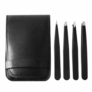 Juego Profesional de 4 Pinzas para Cejas de Acero Inoxidable con Estuche de Cuero PU, Pinzas de Precisión con Punta Inclinada, Plana y Angulada para Ojos - Product Image 2