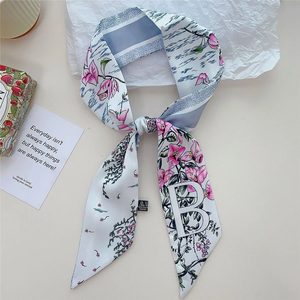 Luxury Floral Print Tie Painting Silk Scarf Long Skinny <b>Ribbon</b> Bag Handle Wrap Spring Floral Neckerchief Designer Hairband - Product Image 5