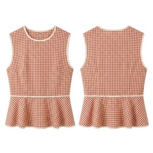 Chemisier Peplum sans manches pour femme, coupe ajustée à la taille, à carreaux orange vichy, style boutique d'été - Product Image 3