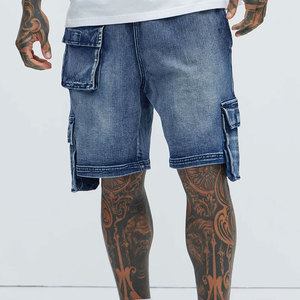 Pantalones cortos de mezclilla para hombre Lupin: Fabricante de mezclilla, cintura doble personalizada, rodillas con diamantes y pedrería, estilo cargo holgado. - Product Image 1