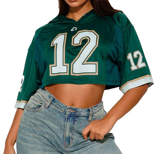 เสื้อเจอร์ซีย์สปอร์ตครอปสีเขียวมีฮู้ดสำหรับผู้หญิงสไตล์ Y2K แขนสั้น แต่งผ้าตาข่าย หมายเลขเสื้อแบบอเมริกันฟุตบอล ขายส่ง - Product Image 4