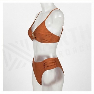 Women's Rust Color Bikini Set With Shell Buckle Plunge Neck High Waist Bottoms Spandex Polyester Swimwear - Product Image 6